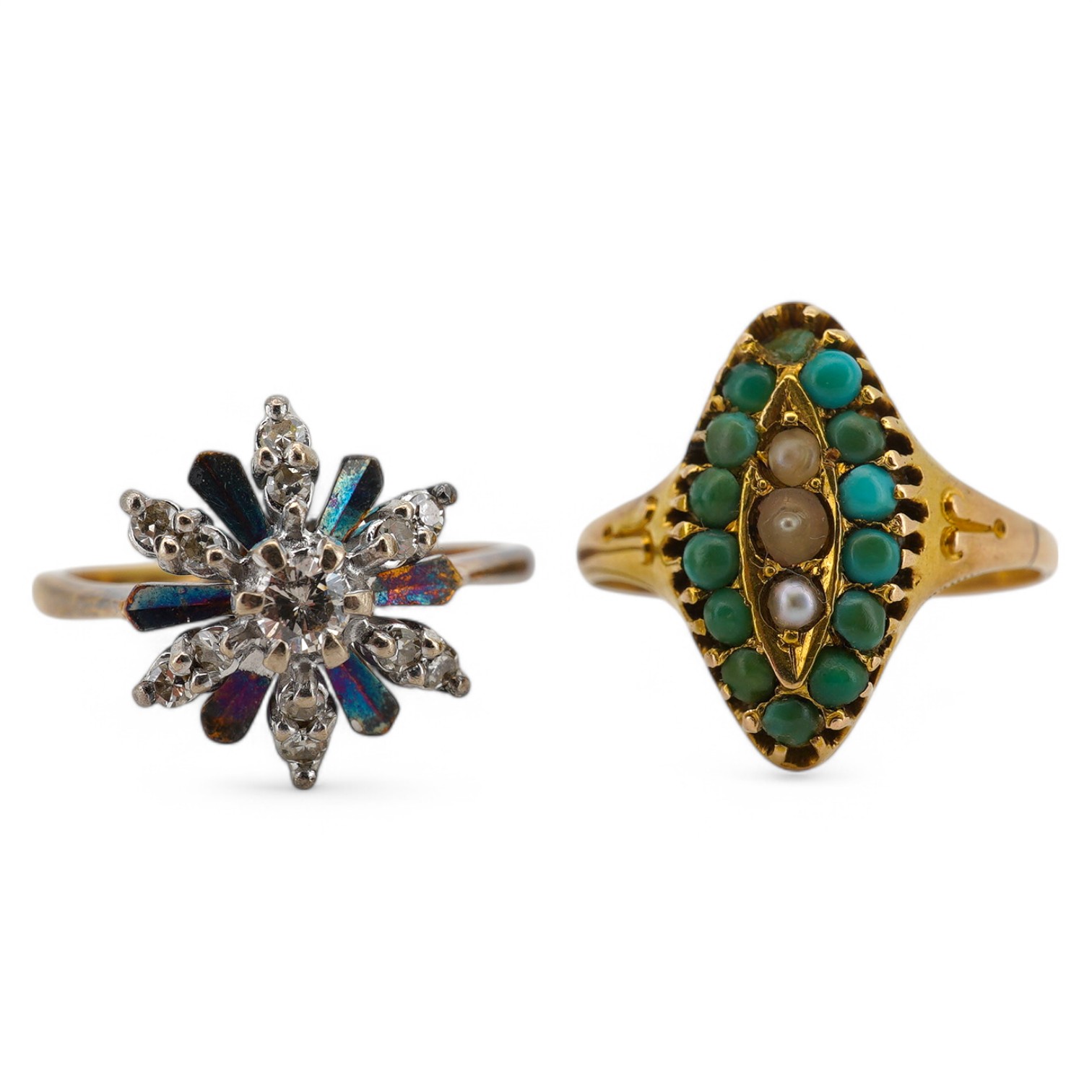 A Victorian 15ct gold, turquoise and seed pearl set marquise shaped ring, size N, together with an 18ct and diamond cluster set flower head ring, with 'coloured' petals, size O, gross weight 6.1 grams. Condition - fair